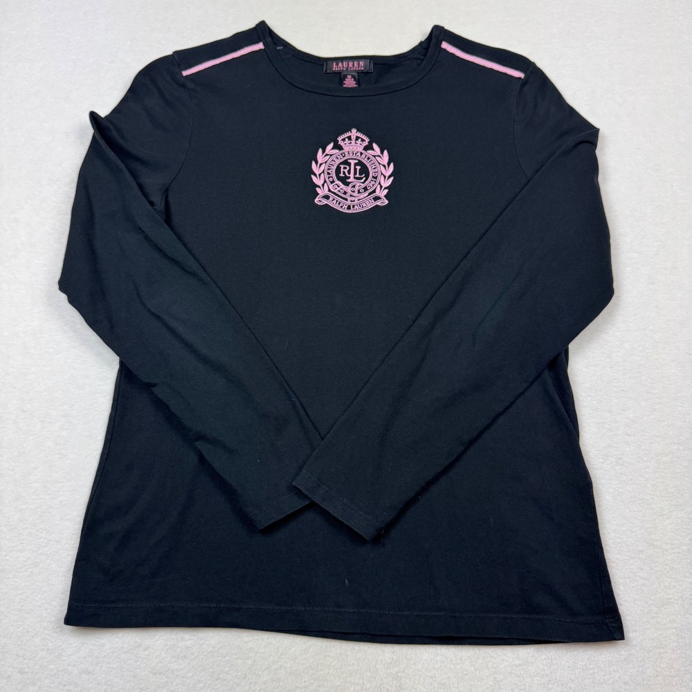 Lauren‎ Ralph Lauren Women Long Sleeve Shirt Medium Black Pink Crest Logo Cotton